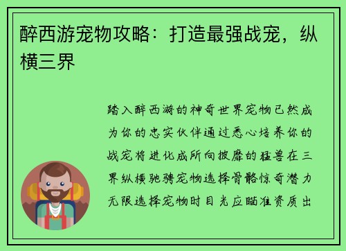 醉西游宠物攻略：打造最强战宠，纵横三界